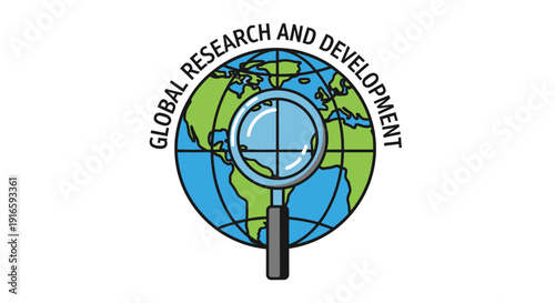 Global Research and Development Magnifying Glass Globe Icon.