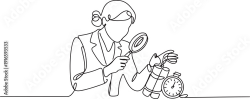 Continuous one line drawing businesswoman holding magnifying glass highlighting dynamite has a clock. Trying to shut down without exploding. Removing barriers. one line Icon drawing
