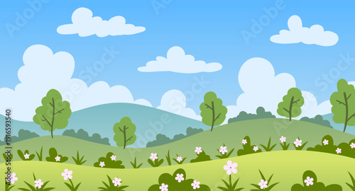 Cartoon Spring Landscape with Rolling Hills and Clouds