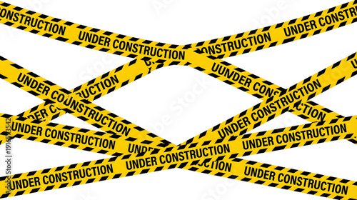 Yellow Under Construction Caution Tape Strips Crossing Over Isolated White Background for Website Maintenance and Industrial Safety