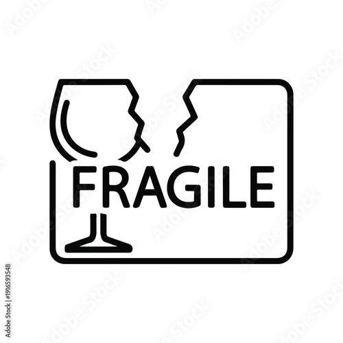 Minimalist black and white line art icon of a broken wine glass with a fragile text