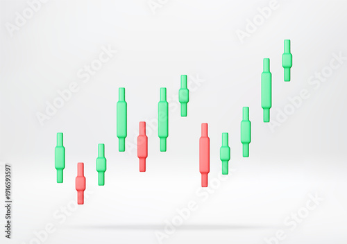 3D Green and red candlestick chart showing stock market trend on white background. Financial investment data visualization. Vector illustration