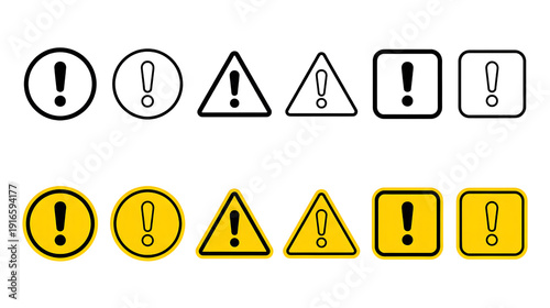Set of Warning Exclamation Mark Icons in Circles Triangles and Squares