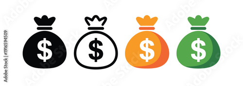 Colorful Money Bag Icons with Dollar Signs and Crowns