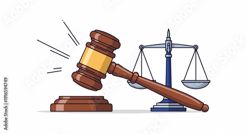 Illustration of a wooden gavel striking a sound block next to the scales of justice, symbolizing law and order