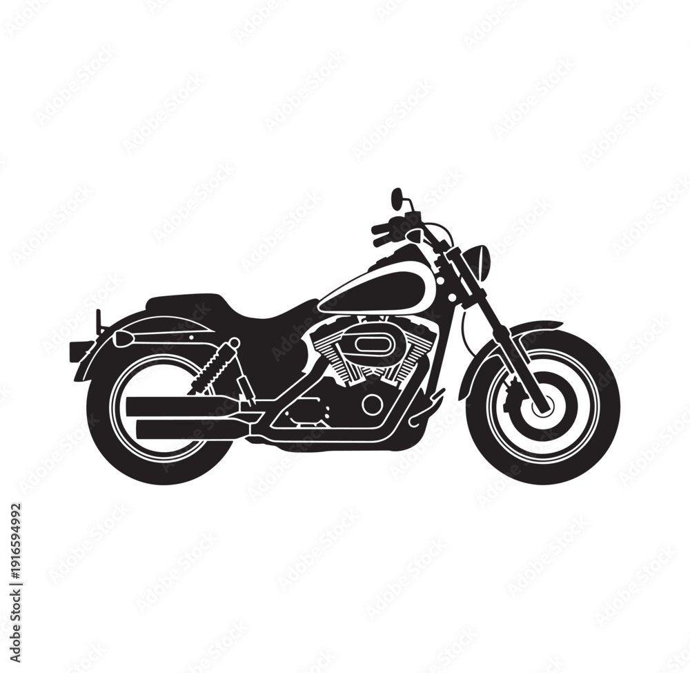 Fototapeta premium black and white illustration of a classic cruiser motorcycle with detailed engine view
