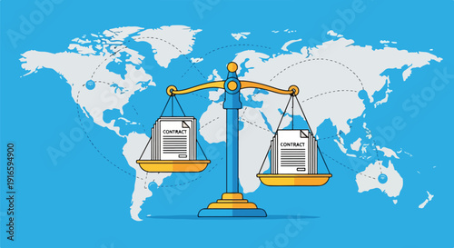 Global contract law and international business dispute resolution scales of justice on world map background