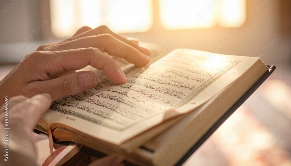 Fototapeta premium Close-up Of A Person Reading A Holy Book With Sunlight Streaming Through A Window