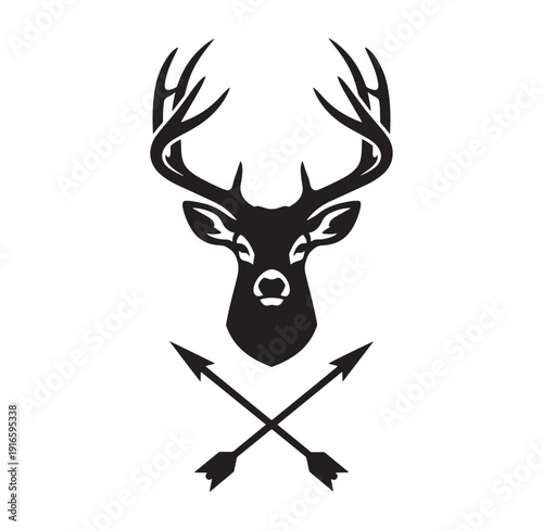 Black silhouette of a deer head with antlers and crossed arrows