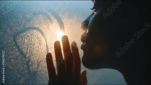 Silhouette of a person pressing hand against a foggy window, with soft backlighting creating a dreamy atmosphere