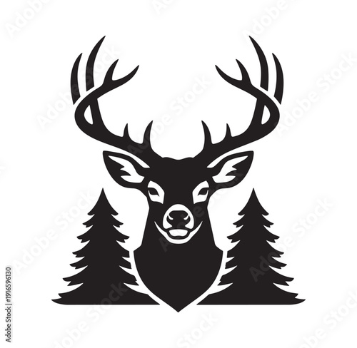 black silhouette of deer head with antlers and trees