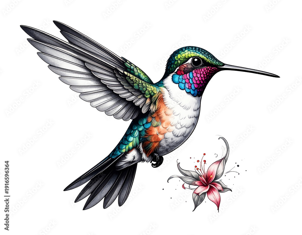 Fototapeta premium Colorful hummingbird in flight with vibrant iridescent plumage near delicate flower