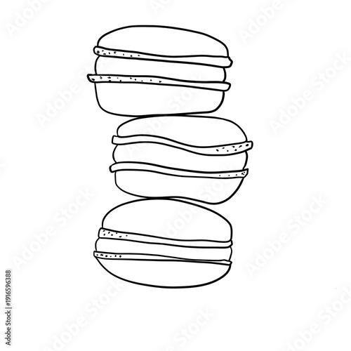 Hand drawn macaron set, black outline doodle illustration, minimal bakery clipart, isolated on transparent background PNG