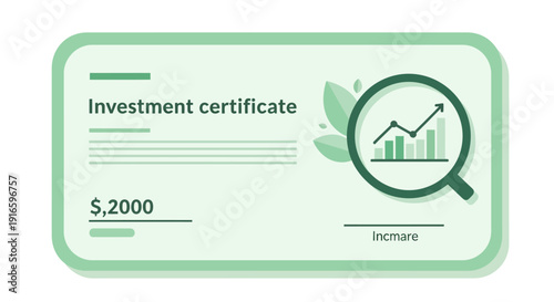 Investment Certificate with Magnifying Glass and Graph.