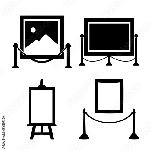 Art gallery and museum exhibition display icons including framed pictures and an easel