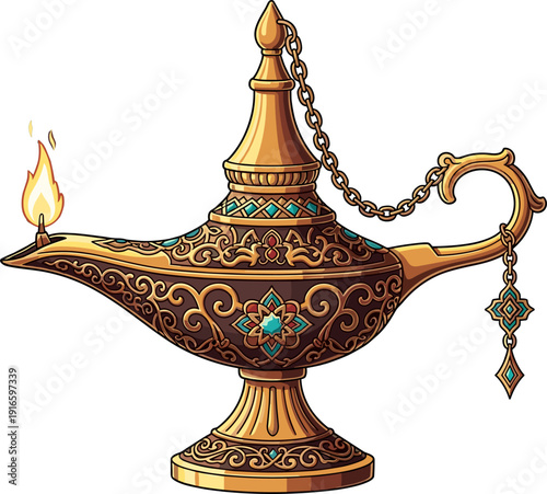 Ornate Golden Aladdin Lamp with Glowing Flame and Intricate Details on a White Background