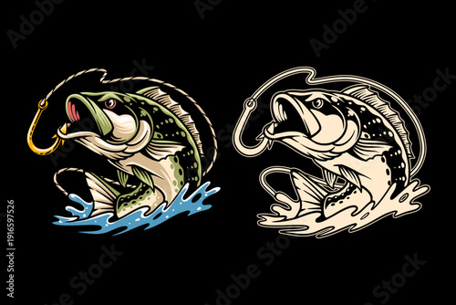 Jumping Bass Fishing with Hook Retro Illustration. Largemouth Bass Fish Wildlife Outdoor Vector Design