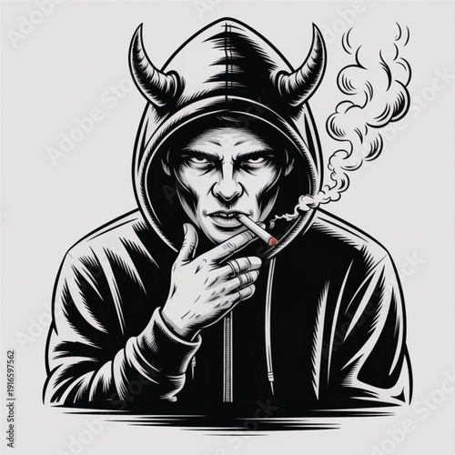 Urban Demon Wearing Hoodie Smoking Cigarette horns