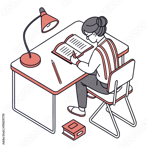 A student studying at a desk with a book and pencil