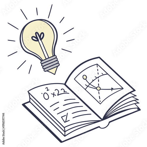 A lightbulb above an open book with math equations and a graph