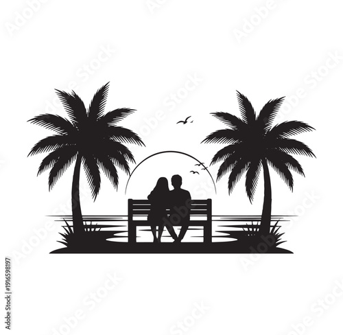 Couple sitting on a bench between two palm trees at sunset by ocean