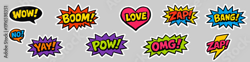 Colorful comic-style speech bubbles and sound effects stickers including Boom, Pow, Zap, Wow, and OMG in a retro pop art collection.