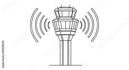 Modern air traffic control tower with signal waves