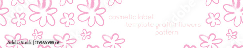 Template cosmetic label design with seamless pink flowers pattern — vector hand drawn spray effect. Floral background for spring banner, feminine design, Womens Day wrapping and branding