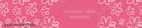 Template cosmetic label design with seamless pink flowers pattern — vector hand drawn spray effect. Floral background for spring banner, feminine design, Womens Day wrapping and branding