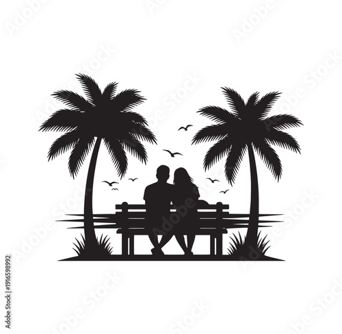 Couple sitting on bench between two palm trees by the ocean shore  romantic tropical scene