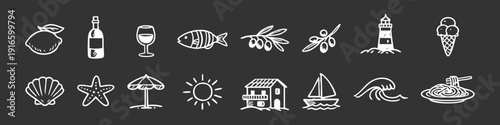 Hand-drawn Mediterranean icons set on dark background featuring summer, food, and sea symbols in a chalkboard doodle style.