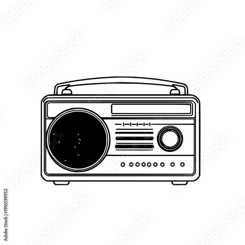 Vintage black tabletop radio silhouette front view with large tuning dial and side speaker grille, isolated on white background – classic retro design