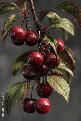 Vibrant Glossy Dark Red Cherries Clustered on a Rustic Branch with Green Leaves, Still Life.