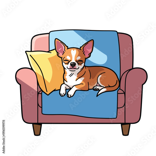 A cartoon dog resting on a couch with a blanket and pillow in a cozy domestic scene from a frontal viewpoint