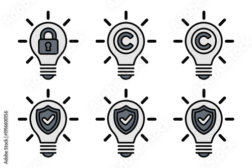 Security and copyright icons inside light bulbs on white background