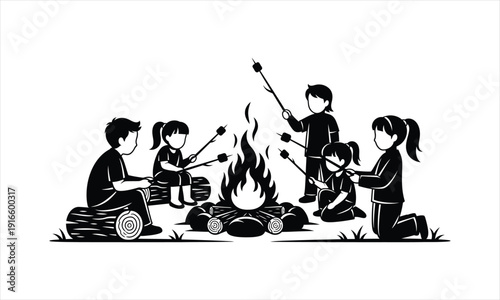 Kids roasting marshmallows Vector silhouette illustration design, kids roasting marshmallows vector, children around campfire silhouette, camping kids vector, kids bonfire silhouette, kids cooking 