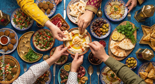 Friends sharing Middle Eastern food together at a table