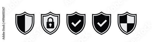 Shield icons for security and protection concepts in black and white