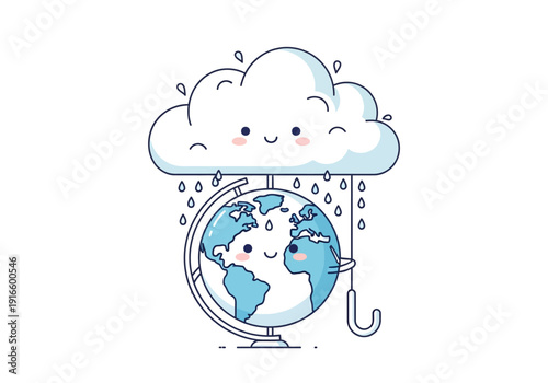 Cute cartoon cloud raining on happy globe illustration.