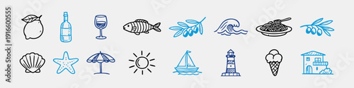 A hand-drawn set of Mediterranean summer icons featuring food, sea life, and travel elements in a sketchy, minimalist style.