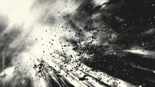 Abstract explosion of particles and light in monochrome.