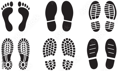 Black footprints and shoe soles assortment set, various designs on white background, for design, tracking, branding, and creative concepts