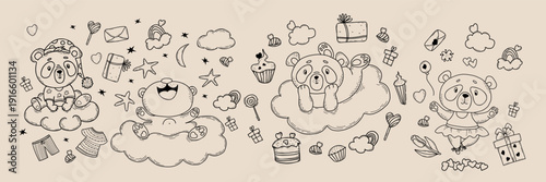 Set with cute panda on cloud. All around there are gifts, sweets, cakes and sweets, lollipop and rainbow. Vector illustration. Linear hand drawings with animal character for kids collection and design