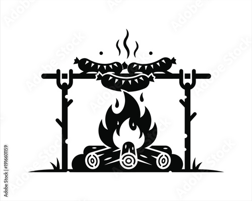 Sausage grilling over fire Vector silhouette illustration design, sausage grilling vector, barbecue fire silhouette, sausage over campfire vector, grilling food fire silhouette, outdoor barbecue