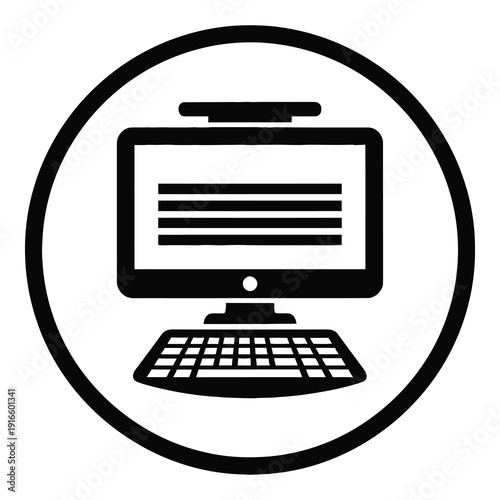 Computer monitor and keyboard icon in a circle isolated on white background icon