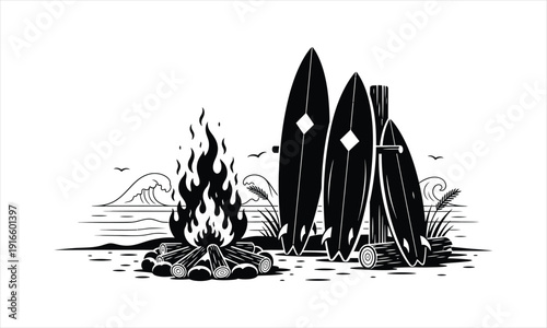 Surfboard & bonfire Vector silhouette illustration design, surfboard bonfire vector, beach fire surfboard silhouette, coastal bonfire vector illustration, surf campfire silhouette, seaside fire