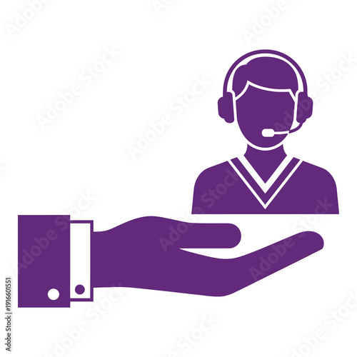 Purple icon of hand helping support customer service representative with headset icon