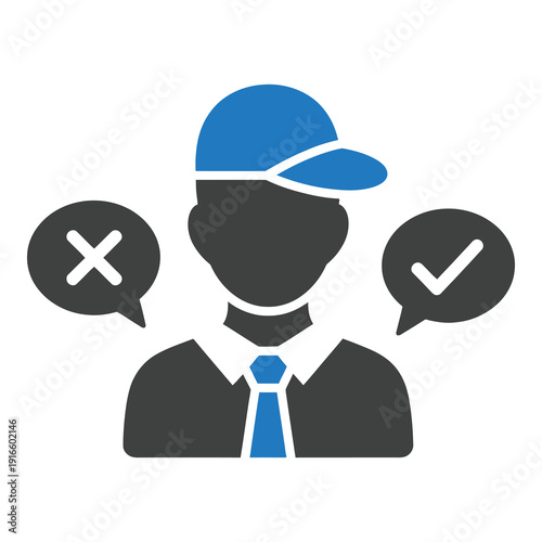 Businessman in a blue cap with speech bubbles for decision making icon