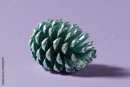 Colorful pine cone stands out against soft purple background, sh