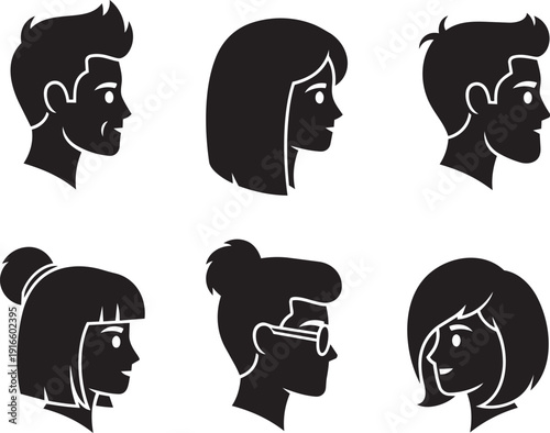 Silhouettes of six people with different hairstyles and expressions are shown.
